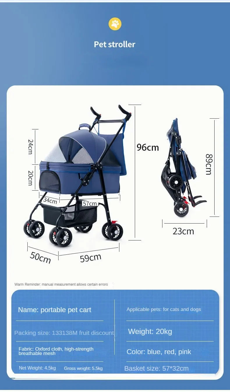 Pet Cart Dog Cat Teddy Baby Stroller Small Pet Cart Lightweight and Foldable for Outdoor Travel